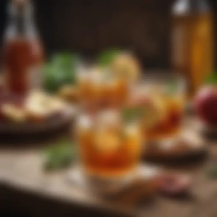 An artistic arrangement of apple cider vinegar cocktails garnished with herbs and fruits on a wooden table.