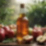 A close-up of apple cider vinegar in a glass bottle surrounded by fresh apples and herbs.