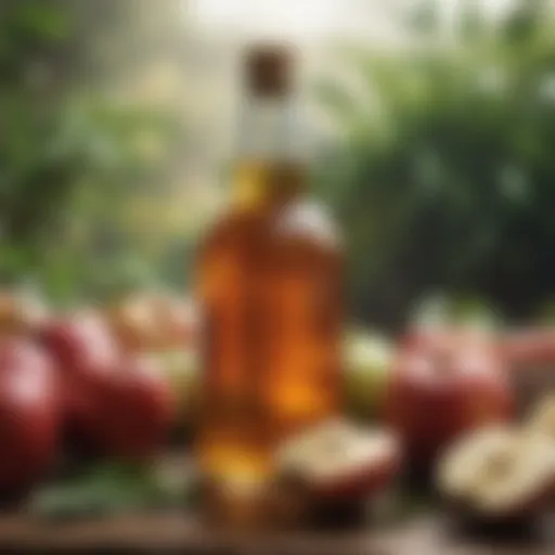 A close-up of apple cider vinegar in a glass bottle surrounded by fresh apples and herbs.