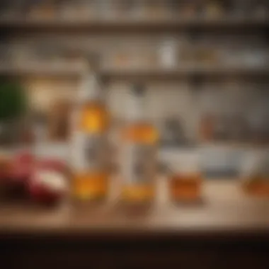 A serene kitchen space featuring various bottles of apple cider vinegar alongside health supplements.