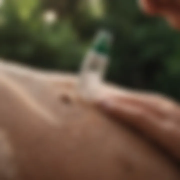 Person applying tick spray on exposed skin outdoors
