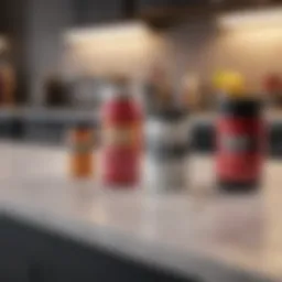 A variety of affordable pre workout drink powders on a kitchen counter