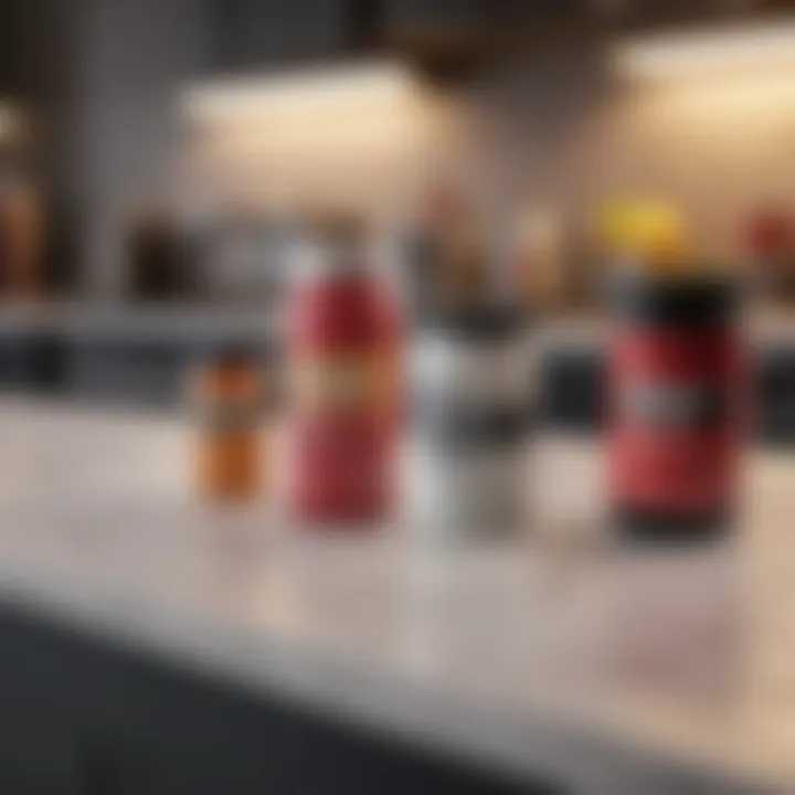 A variety of affordable pre workout drink powders on a kitchen counter