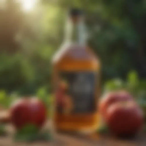 A bottle of apple vinegar with fresh apples and green leaves