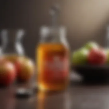 A measuring spoon of apple vinegar next to a glass of water