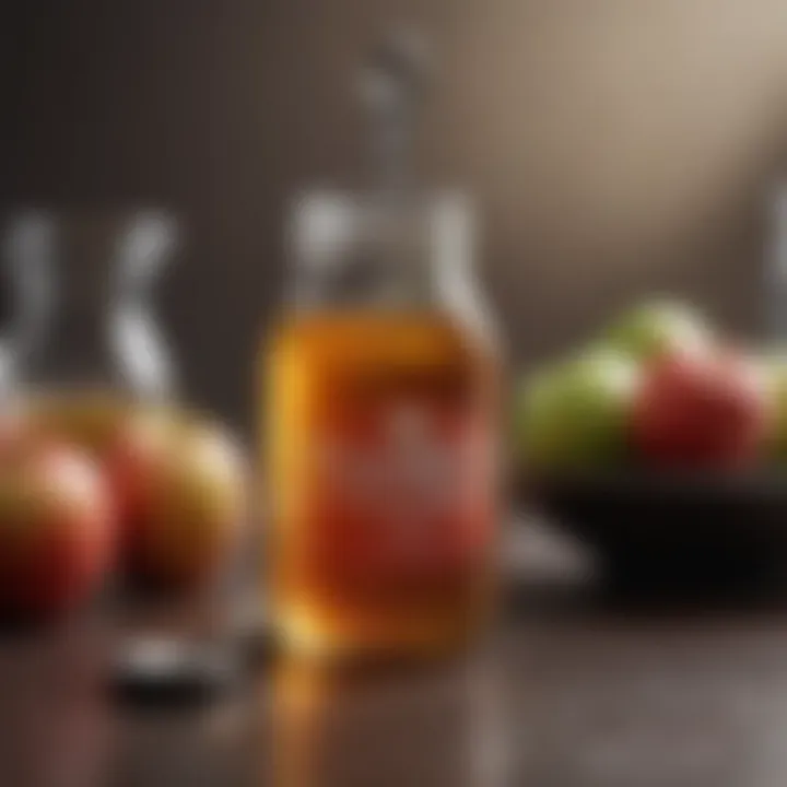 A measuring spoon of apple vinegar next to a glass of water