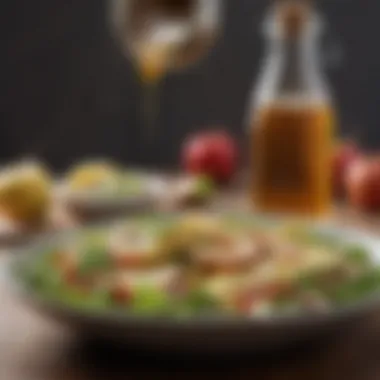 A bowl of salad drizzled with apple vinegar dressing