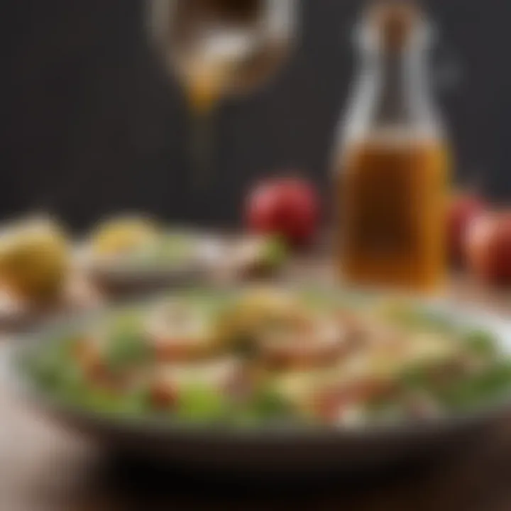 A bowl of salad drizzled with apple vinegar dressing