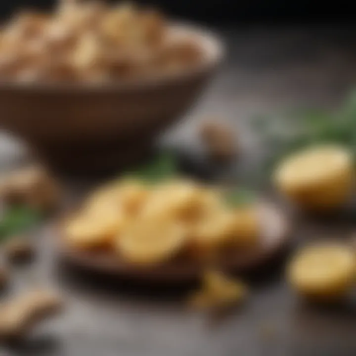 A collection of ginger tea ingredients including ginger slices and herbs