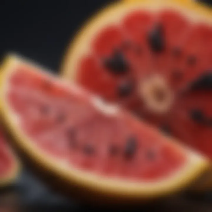 Close-up of a sliced fruit revealing its juicy interior and seeds