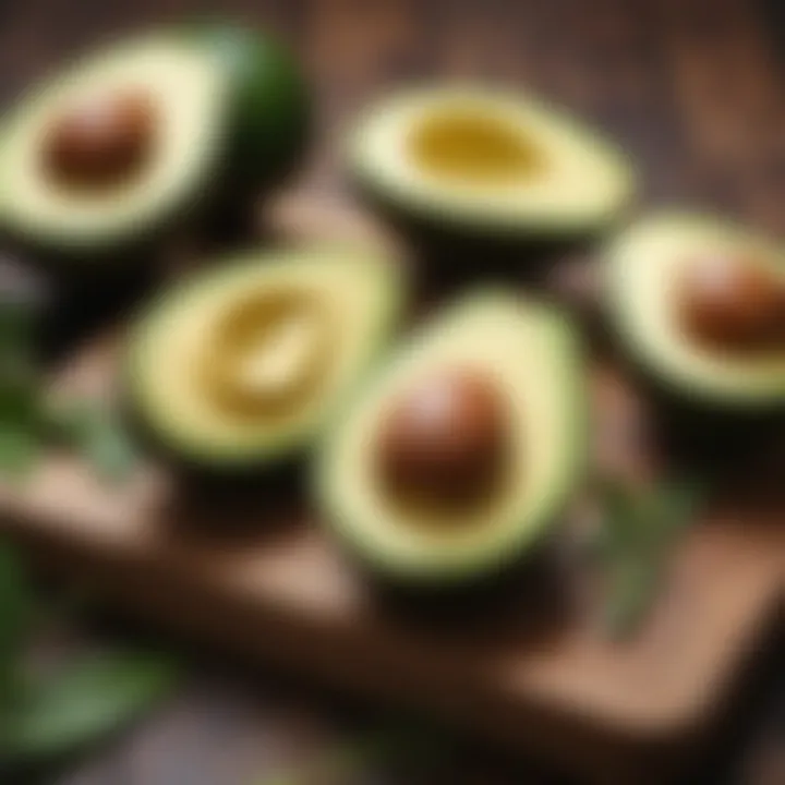 Fresh avocados sliced on a wooden board with herbs