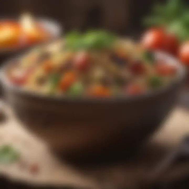 Quinoa and roasted vegetables in a rustic bowl