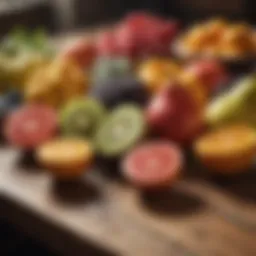 A vibrant array of potassium-rich fruits on a wooden table