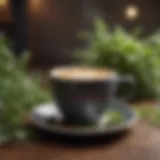 A vibrant coffee cup surrounded by fresh herbs