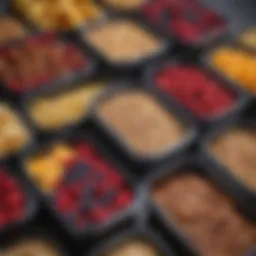A colorful display of healthy breakfast meal prep containers filled with fruits, nuts, and grains.