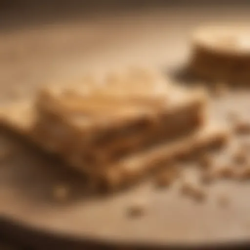 A close-up of creamy peanut butter spread on a whole grain cracker