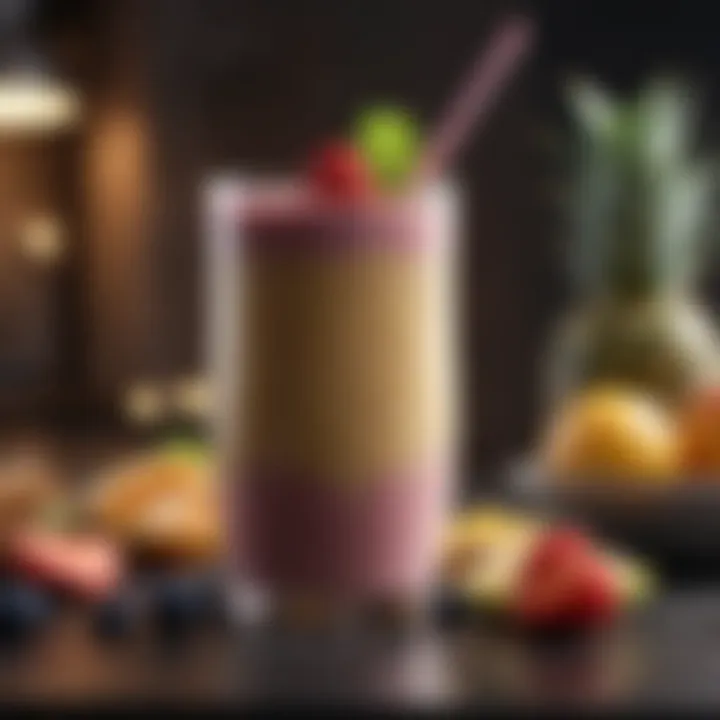 Protein-packed smoothie in a glass, decorated with fruits