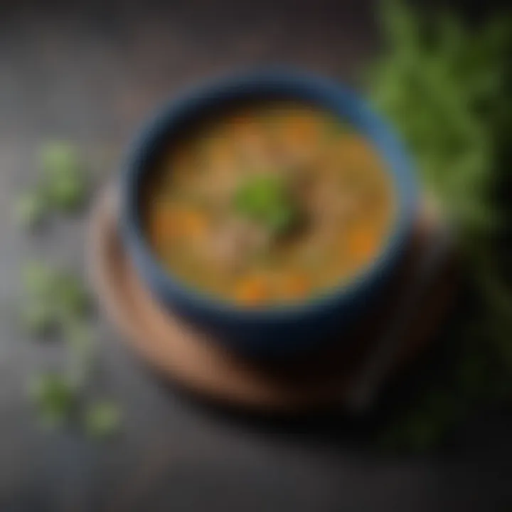 A colorful bowl of lentil soup garnished with fresh herbs