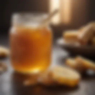 A jar filled with raw honey next to fresh ginger slices