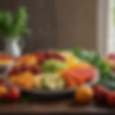 A colorful array of fresh fruits and vegetables arranged artfully on a plate, symbolizing healthy eating.