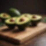 Fresh avocados on a wooden cutting board