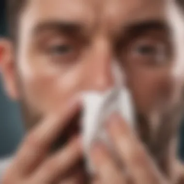 A close-up view of a person experiencing nasal congestion with a tissue in hand.