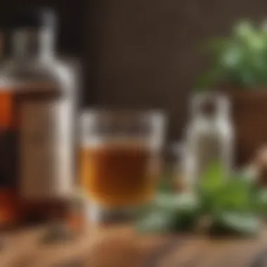 An array of natural remedies displayed on a wooden table, including herbal teas and essential oils.