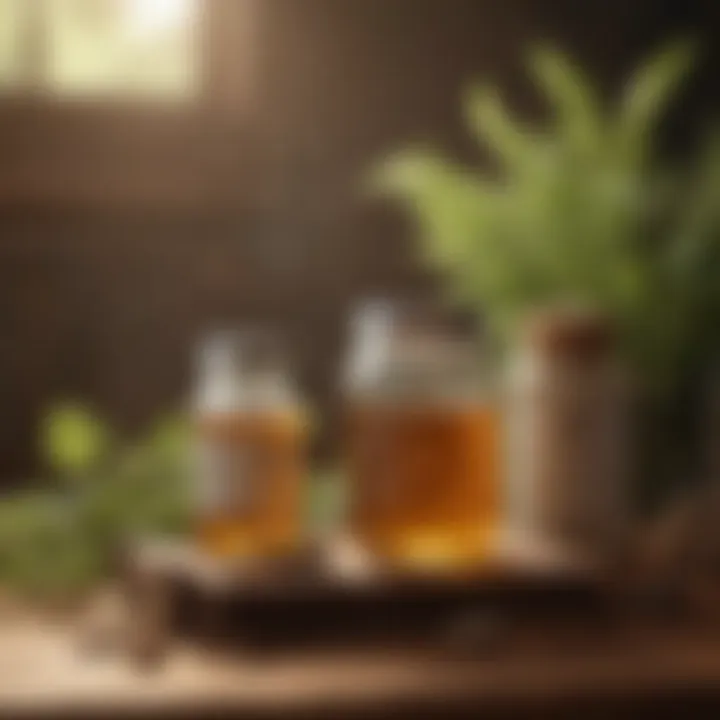 A variety of natural remedies displayed on a wooden table.