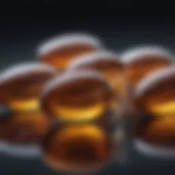 A close-up of fish oil capsules on a reflective surface.