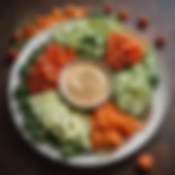 A vibrant vegetable platter with hummus for dipping