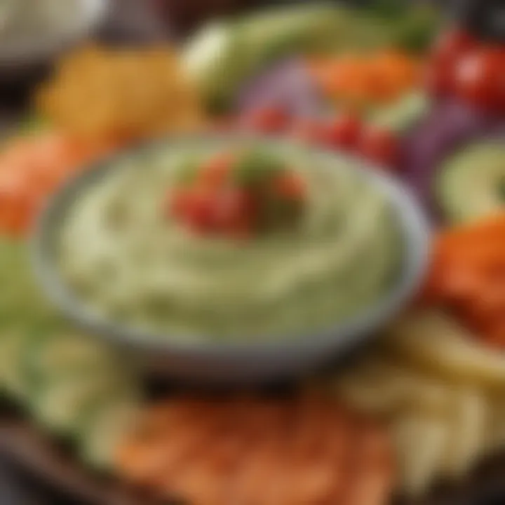 A close-up of a creamy avocado dip with fresh vegetables