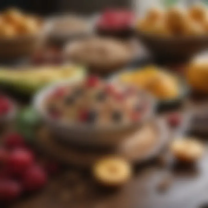 An array of colorful fruits and whole grains on a table