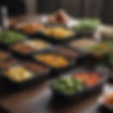 Colorful meal prep containers filled with various foods