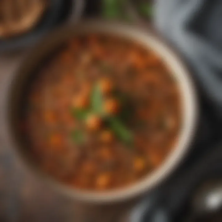 A close-up of a hearty lentil stew garnished with herbs.