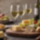 A refreshing glass of dry white wine with a keto-friendly cheese platter in the background