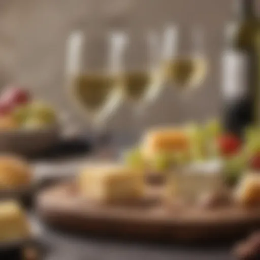 A refreshing glass of dry white wine with a keto-friendly cheese platter in the background