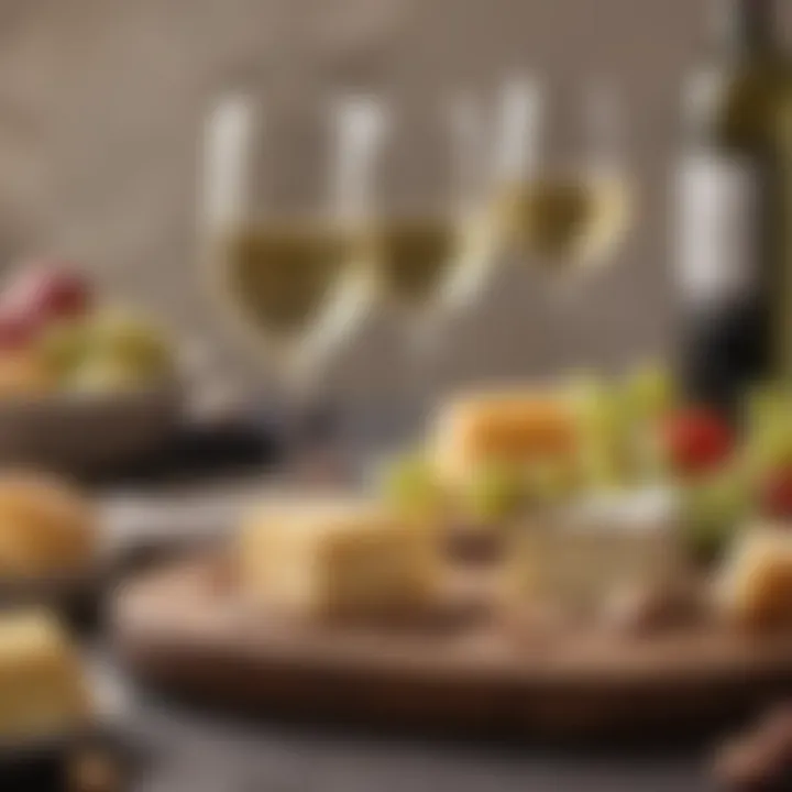 A refreshing glass of dry white wine with a keto-friendly cheese platter in the background