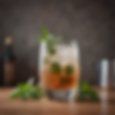 A stylish cocktail glass filled with a low-carb cocktail garnished with fresh herbs