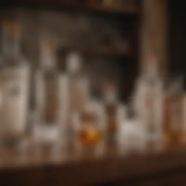 A selection of spirits including vodka, gin, and whiskey on a rustic bar countertop
