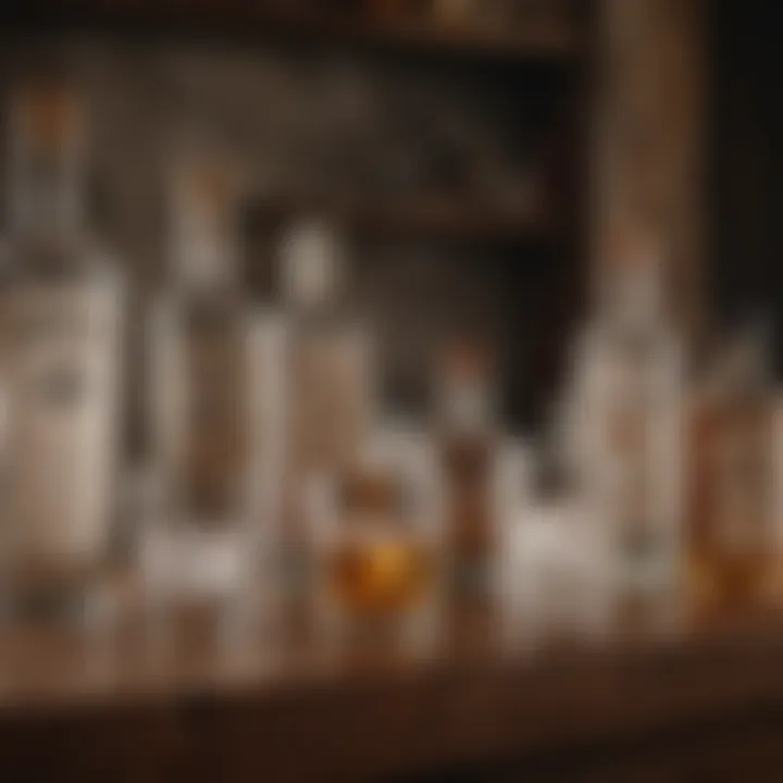 A selection of spirits including vodka, gin, and whiskey on a rustic bar countertop