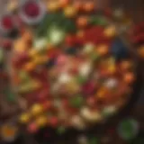 A vibrant array of healthy foods arranged on a wooden table, showcasing colorful fruits and vegetables.