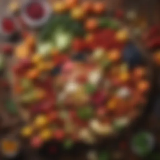 A vibrant array of healthy foods arranged on a wooden table, showcasing colorful fruits and vegetables.