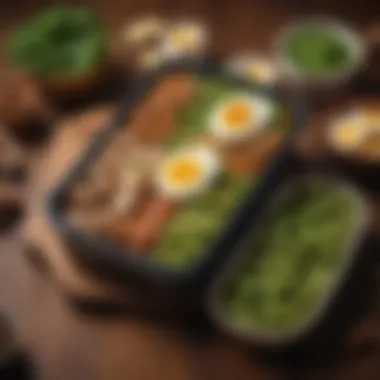 Inviting Protein Bento Box An inviting bento box featuring an assortment of protein-rich snacks including edamame, hard-boiled eggs, and nuts.
