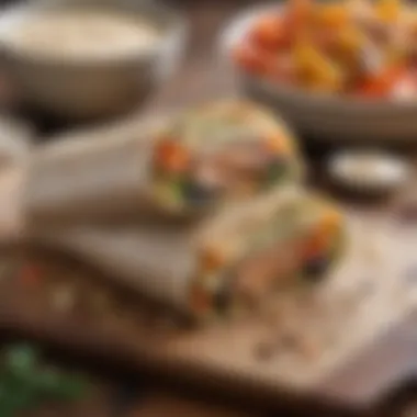Balanced Hearty Wrap A hearty wrap filled with quinoa, roasted vegetables, and a drizzle of tahini sauce, representing a balanced meal.