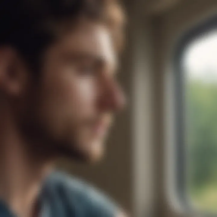 A thoughtful individual gazes out a window, reflecting on their mental health journey
