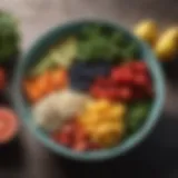 Colorful fresh fruits and vegetables arranged in a bowl representing healthy eating.