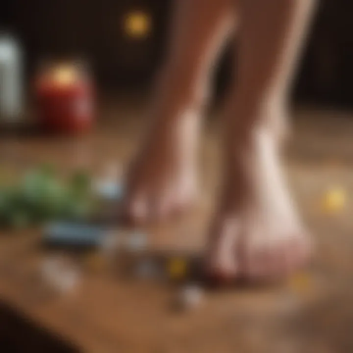 An assortment of natural remedies displayed on a wooden surface for treating foot blisters.