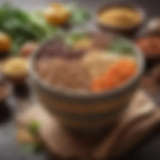 A vibrant bowl filled with a variety of protein-rich foods including beans, lentils, and quinoa.