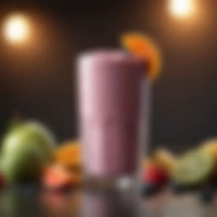 A close-up of a protein smoothie with vibrant fruits and a scoop of protein powder in a stylish glass.