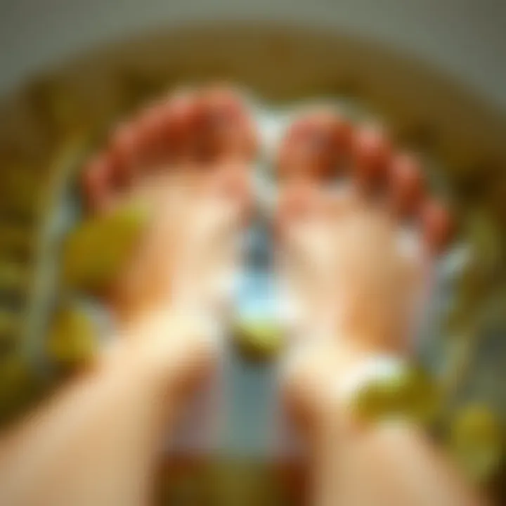Close-up of feet soaking in a soothing herbal bath for itch relief
